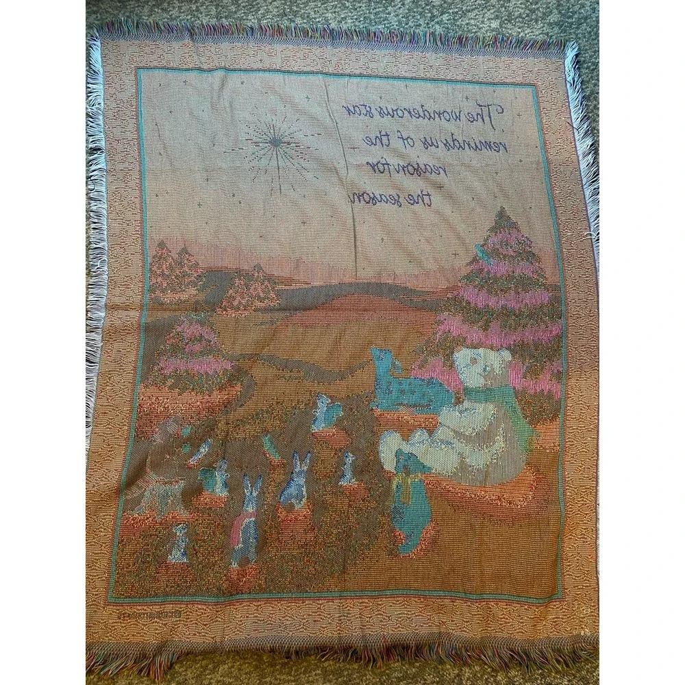 Vintage Crown Crafts Winter Animals‎ Tapestry Blanket 54 X 48 Fringe